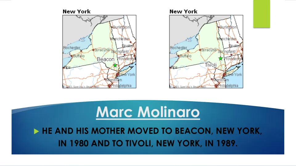 Biography slide tracing Marc Molinaro’s moves with his mother to Beacon in 1980 and Tivoli in 1989