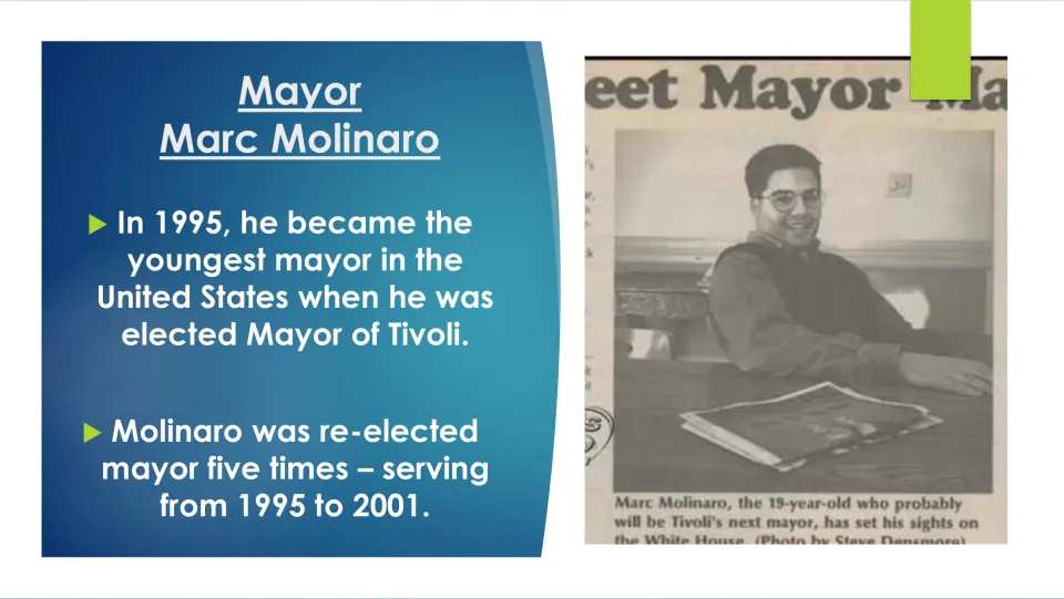 Biography slide describing Marc Molinaro’s 1995 election as Tivoli mayor and five reelections, with a news clipping