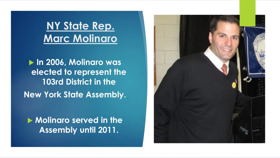 Biography slide on Molinaro’s 2006 election to New York’s 103rd Assembly District and service until 2011