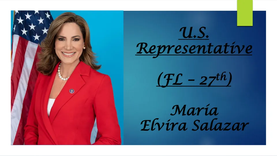 Biography presentation cover naming María Elvira Salazar as U.S. Representative for Florida’s 27th district