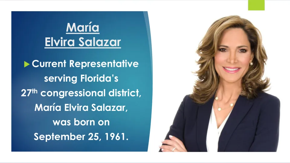 Biography slide introducing Salazar as Florida’s 27th district representative, born September 25, 1961