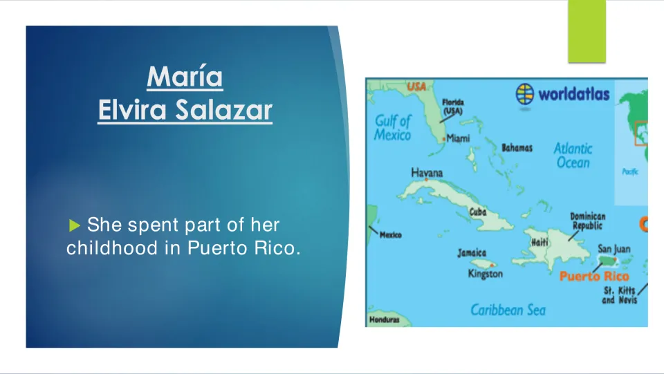 Biography slide stating that Salazar spent part of her childhood in Puerto Rico, with a Caribbean map