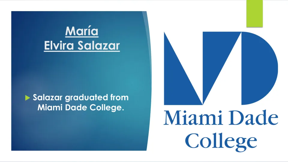 Education slide stating that Salazar graduated from Miami Dade College, alongside the college’s logo