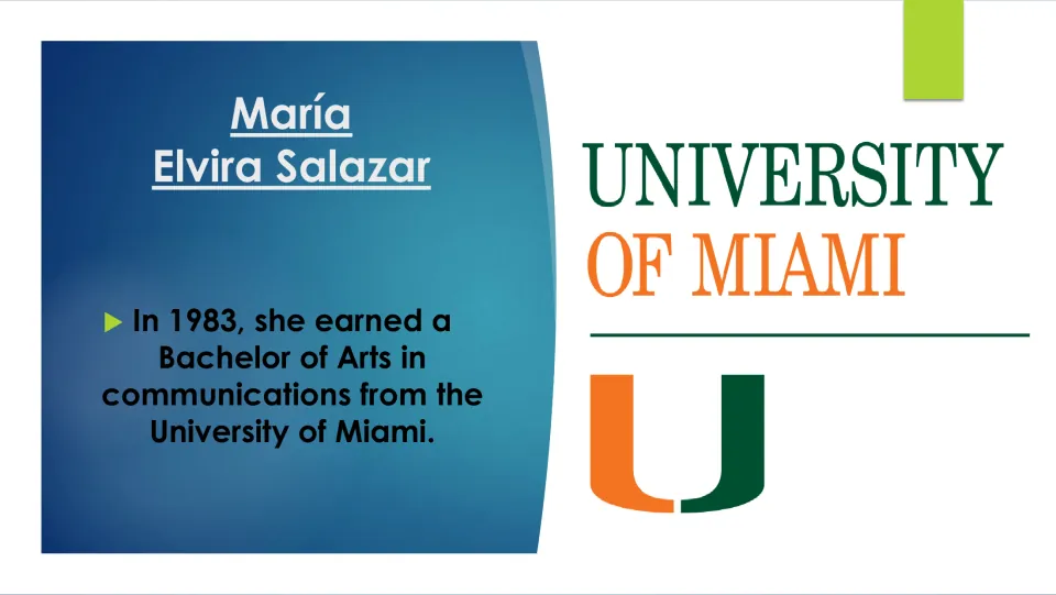 Education slide noting Salazar’s 1983 Bachelor of Arts in communications from the University of Miami
