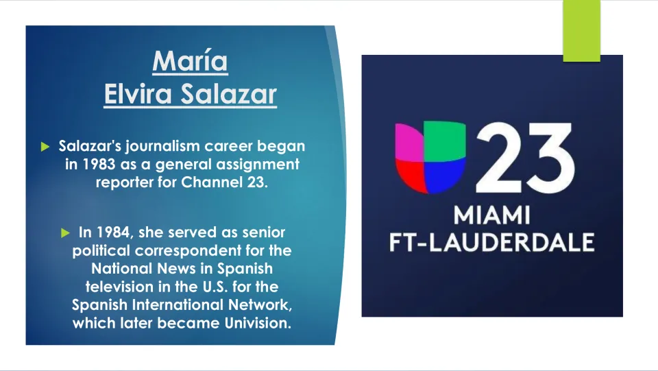 Journalism slide tracing Salazar’s 1983 Channel 23 reporting and 1984 Spanish International Network role