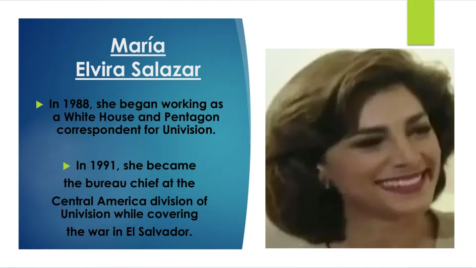 Journalism slide covering Salazar’s 1988 White House and Pentagon reporting and 1991 Central America role