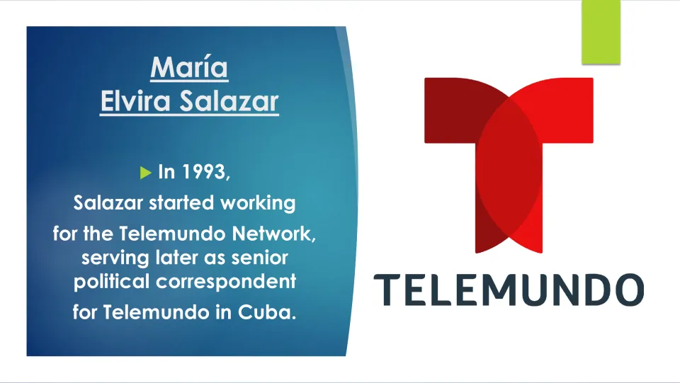 Journalism slide describing Salazar’s 1993 move to Telemundo and later political reporting role in Cuba