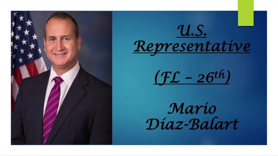 Title slide for a biography of Mario Díaz-Balart, U.S. Representative for Florida's 26th, with his official portrait
