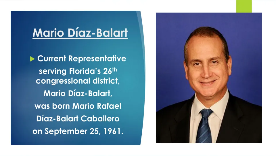 Early life: slide gives his birth name, Mario Rafael Díaz-Balart Caballero, and birth date of September 25, 1961