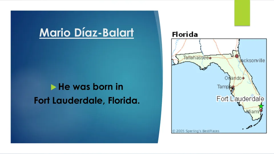 Birthplace slide: he was born in Fort Lauderdale, Florida, shown with a starred state map marking Tallahassee and Miami