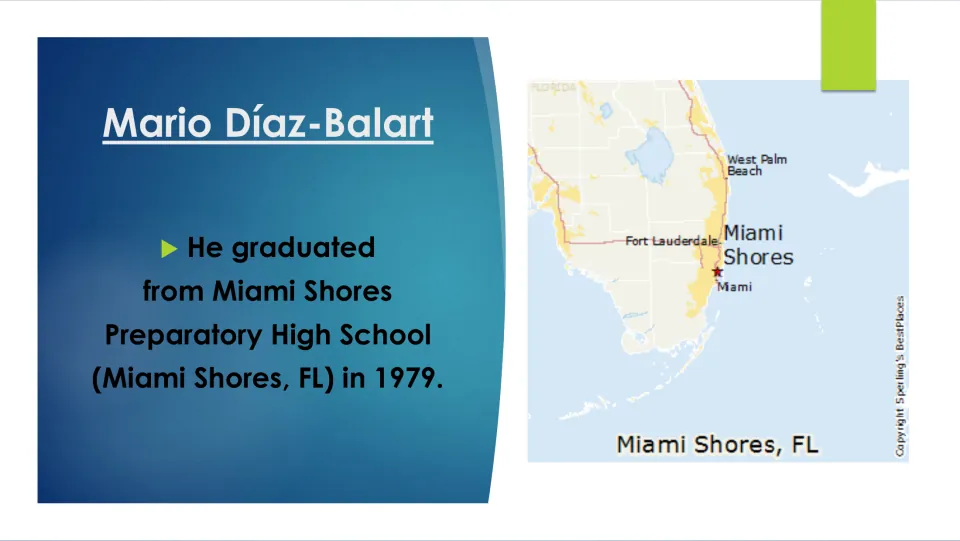 High school: he graduated from Miami Shores Preparatory High School in 1979, beside a map marking Miami Shores