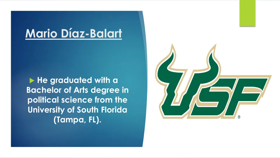 College: he earned a Bachelor of Arts in political science from the University of South Florida in Tampa; USF logo shown