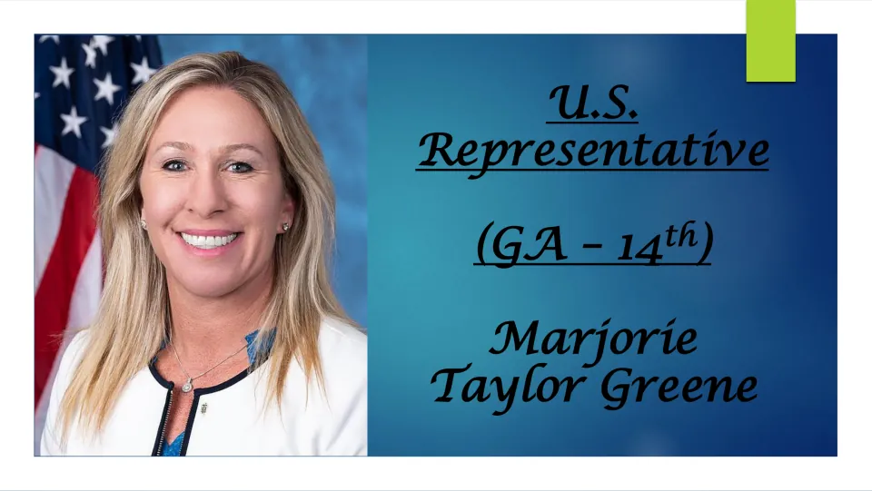 Biography presentation cover naming Marjorie Taylor Greene as U.S. Representative for Georgia's 14th district