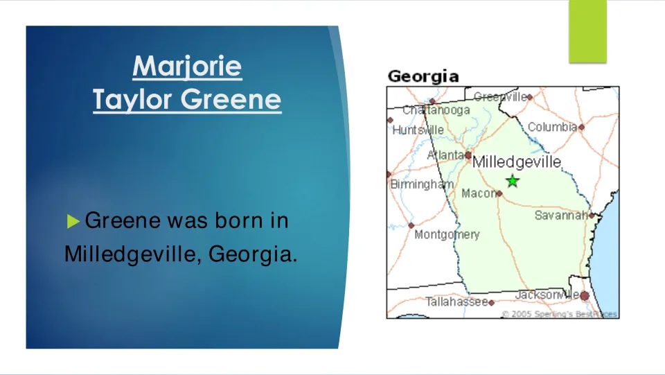 Biography slide identifying Milledgeville, Georgia, as Greene's birthplace, with a map marking the city