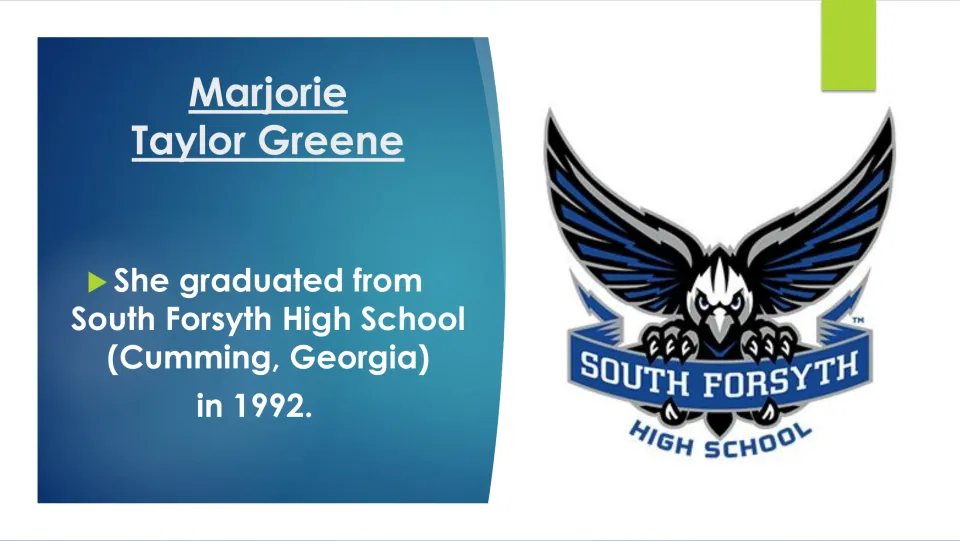 Education slide stating Greene graduated from South Forsyth High School in Cumming, Georgia, in 1992