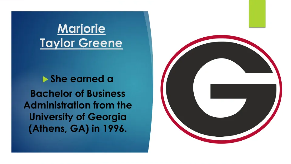 Education slide stating Greene earned a Bachelor of Business Administration from the University of Georgia in 1996