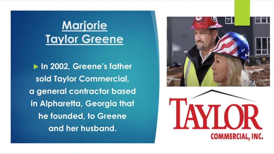 Business career slide describing Greene's father's 2002 sale of Taylor Commercial to Greene and her husband