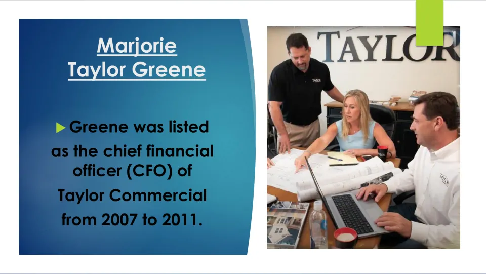 Business career slide listing Greene as chief financial officer of Taylor Commercial from 2007 to 2011