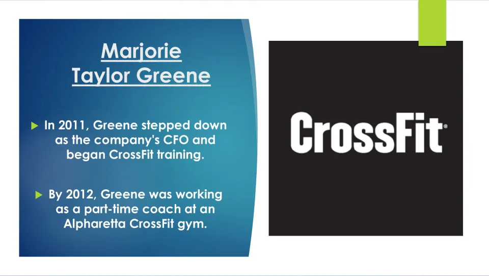 Career slide covering Greene's 2011 departure as CFO, CrossFit training, and part-time coaching by 2012