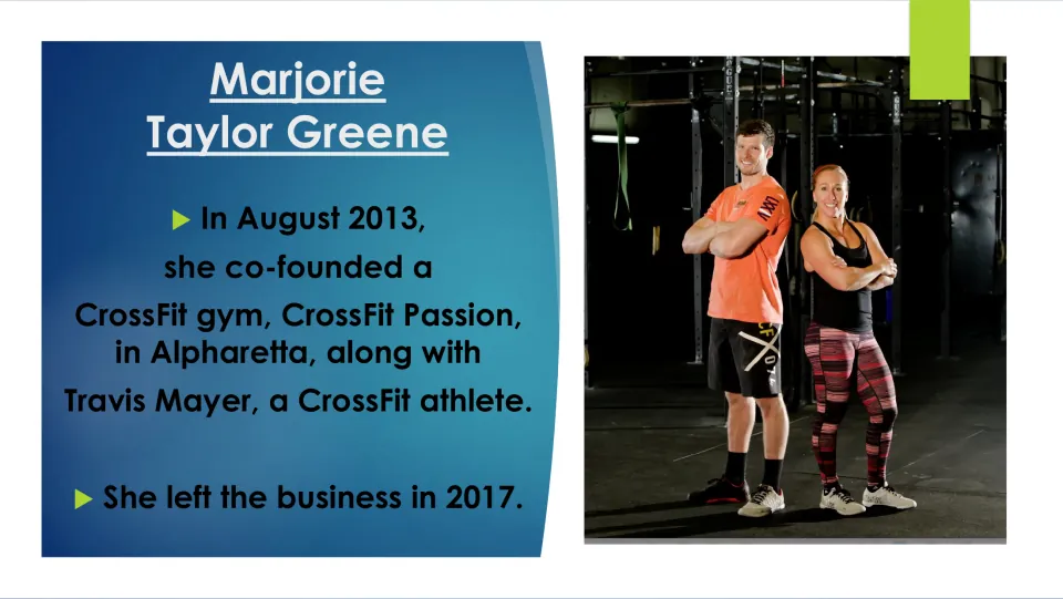 Career slide describing Greene's 2013 co-founding of CrossFit Passion with Travis Mayer and her 2017 exit