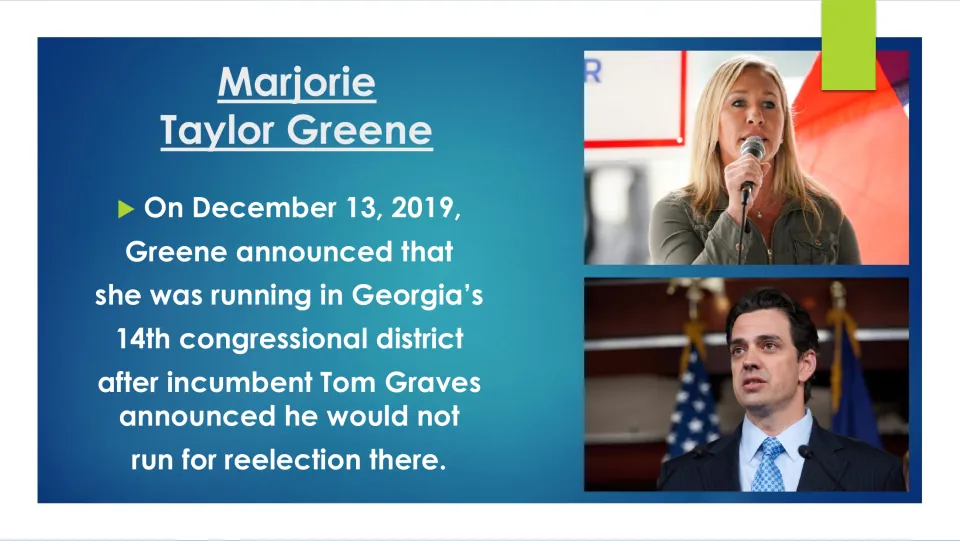Political career slide describing Greene's December 13, 2019 announcement to run for Georgia's 14th district