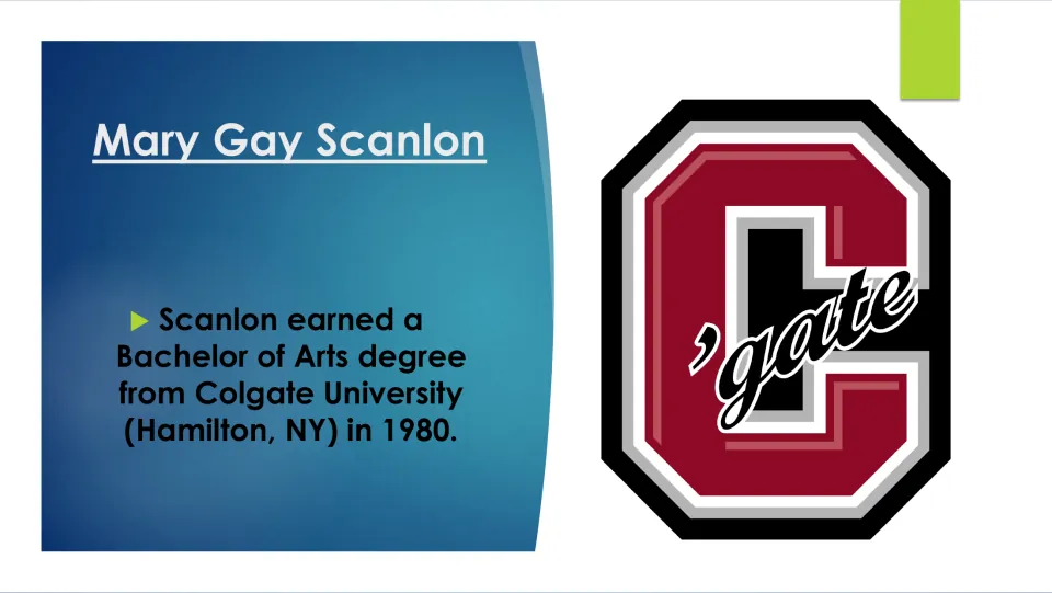 Education slide recording Scanlon’s Bachelor of Arts degree from Colgate University in Hamilton, NY, in 1980