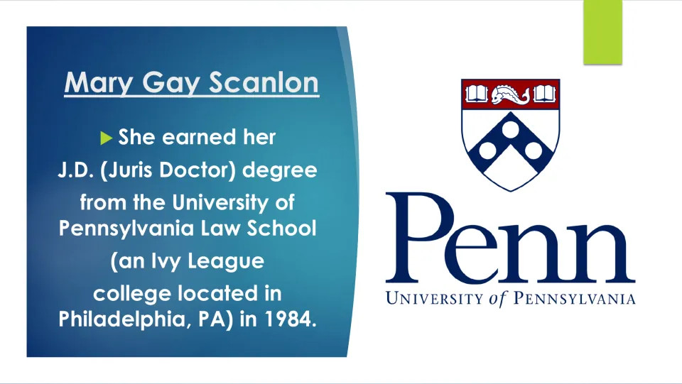 Education slide stating that Scanlon earned her J.D. from the University of Pennsylvania Law School in 1984