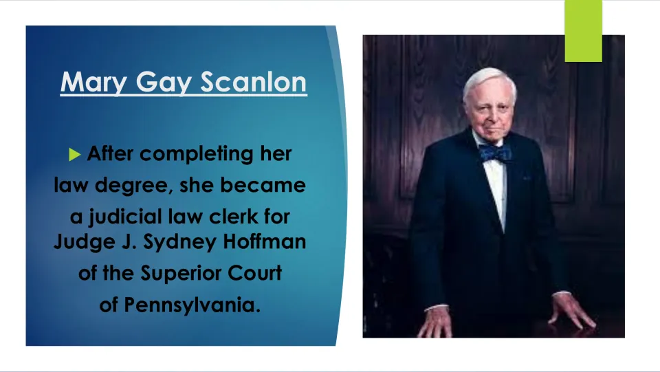 Career slide describing Scanlon’s judicial clerkship for Judge J. Sydney Hoffman on Pennsylvania’s Superior Court