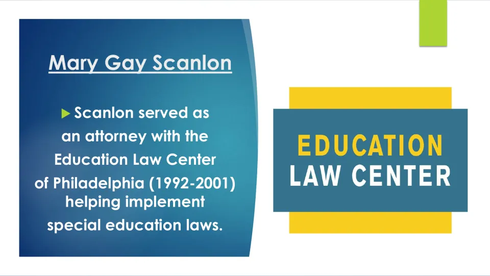 Career slide covering Scanlon’s 1992–2001 attorney role at Philadelphia’s Education Law Center, aiding special education