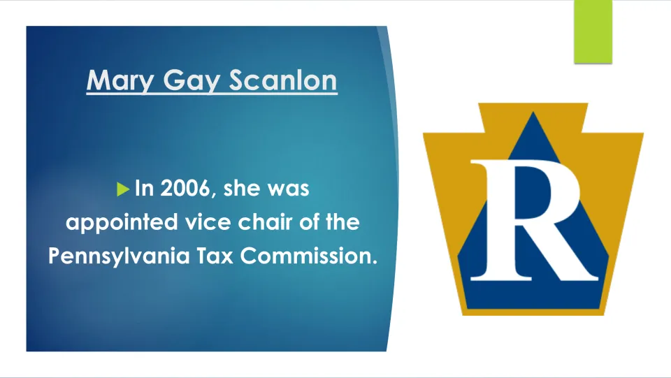 Career slide stating that Scanlon was appointed vice chair of the Pennsylvania Tax Commission in 2006