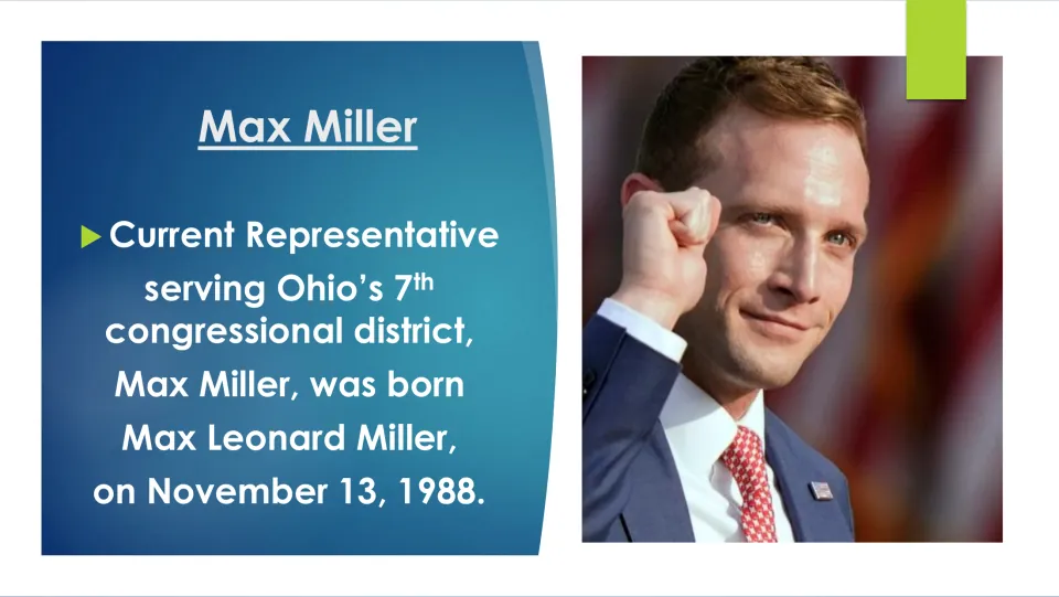 Biography slide introducing Ohio representative Max Leonard Miller and his birthdate, November 13, 1988
