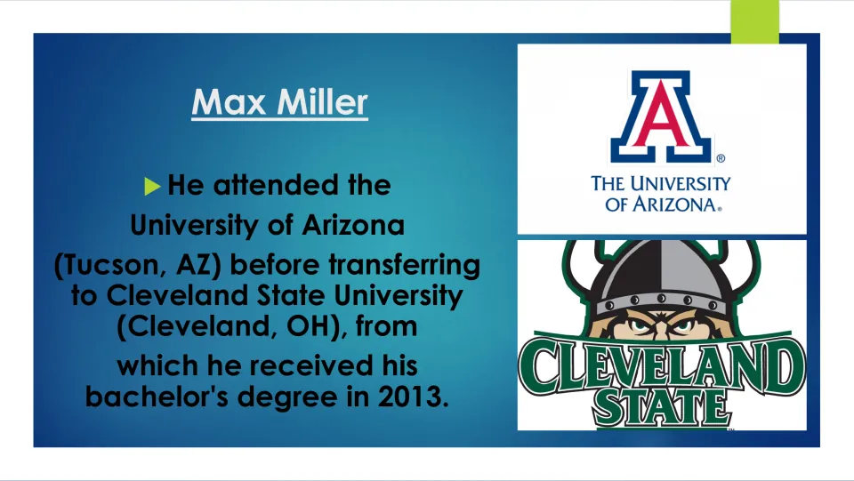 Biography slide tracing Miller’s transfer from the University of Arizona to Cleveland State and 2013 degree