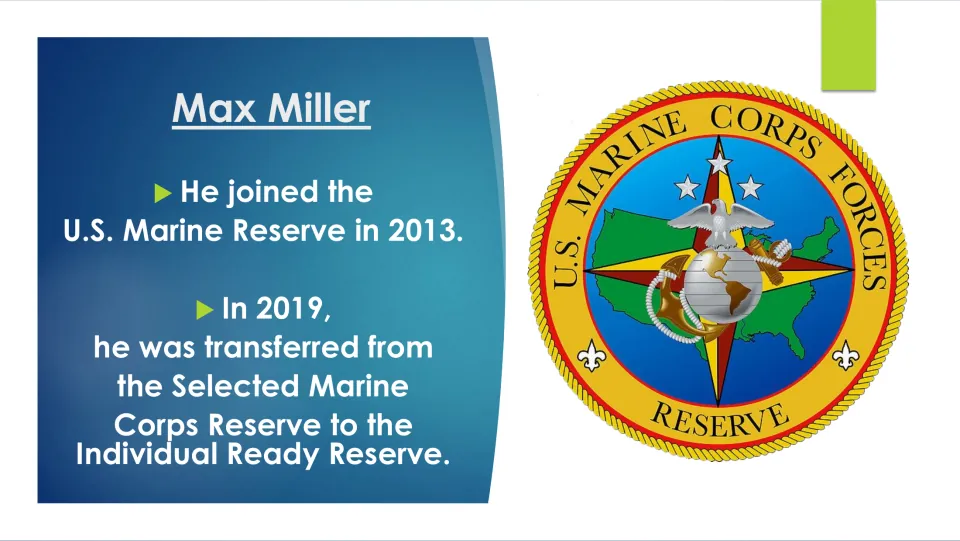 Biography slide covering Miller’s 2013 Marine Reserve entry and 2019 transfer to the Individual Ready Reserve