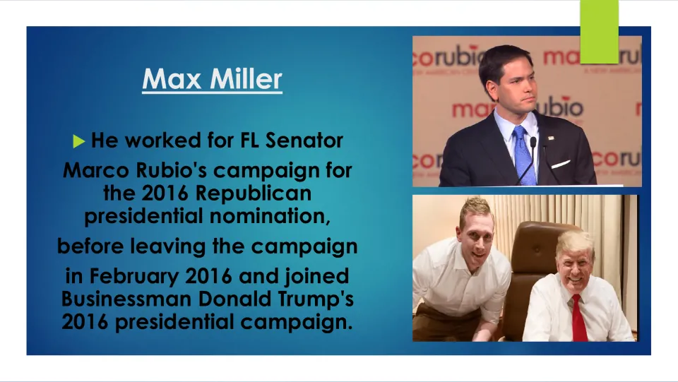 Biography slide describing Miller’s work on Marco Rubio’s campaign before joining Trump’s campaign in 2016