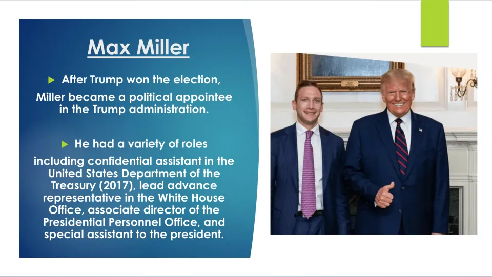Biography slide listing Miller’s Trump administration roles in the Treasury Department and White House