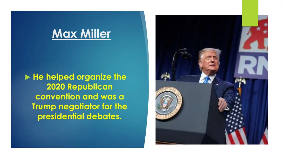 Biography slide describing Miller’s work organizing the 2020 Republican convention and negotiating debates