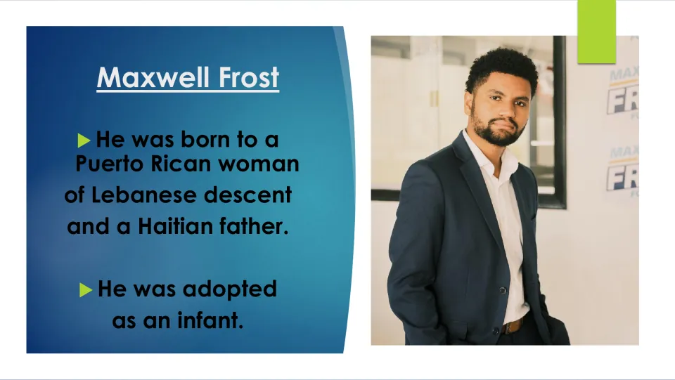 Biography slide describing Frost’s Puerto Rican and Lebanese maternal roots, Haitian father, and adoption