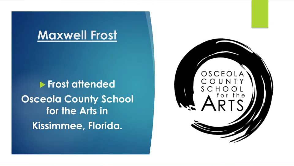 Education slide stating Frost attended Osceola County School for the Arts in Kissimmee, Florida