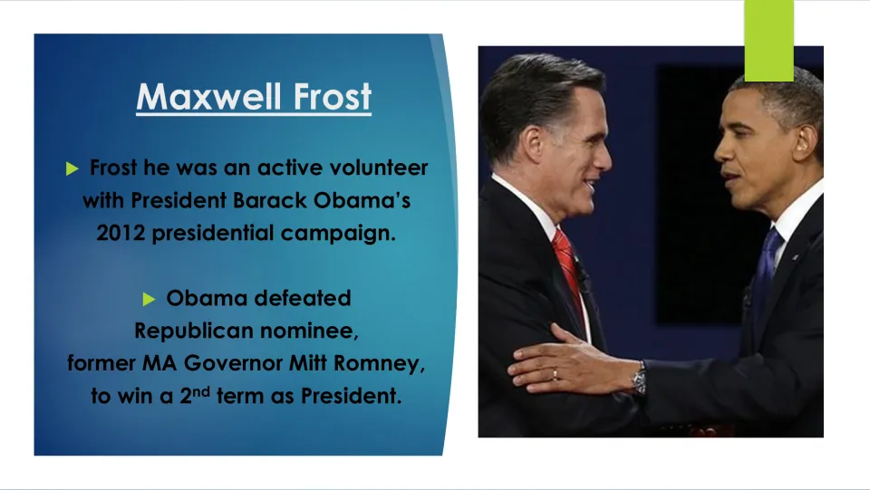 Political biography slide on Frost’s volunteer work for Obama’s 2012 campaign and Obama’s win over Romney