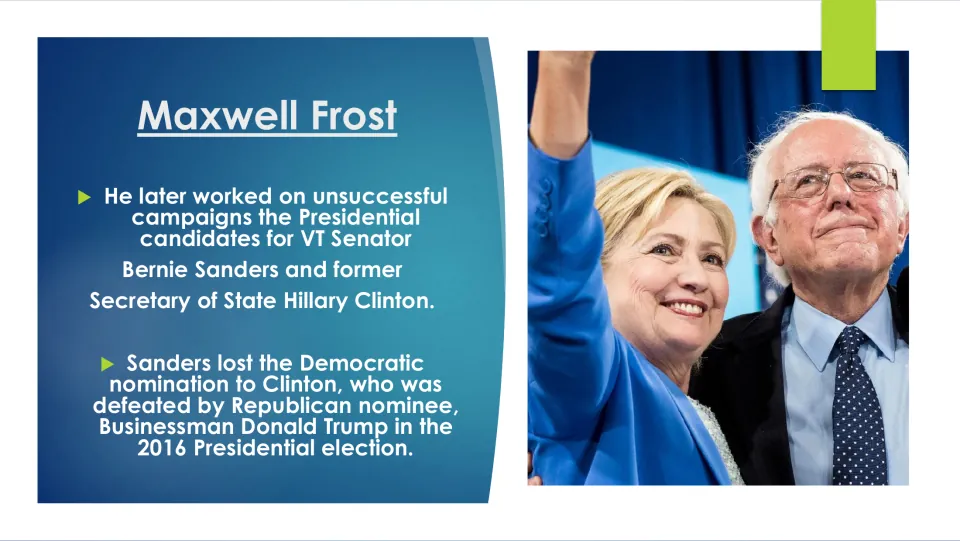Political biography slide on Frost’s work for Bernie Sanders and Hillary Clinton and the 2016 election