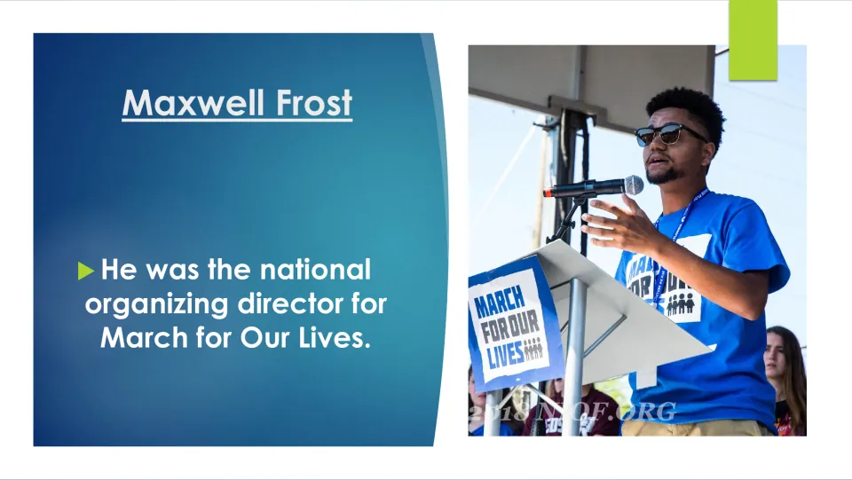 Career biography slide naming Frost as national organizing director for March for Our Lives