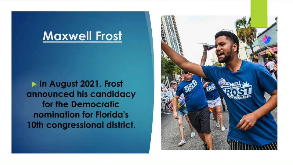 Biography slide on Frost’s August 2021 bid for the Democratic nomination in Florida’s 10th district
