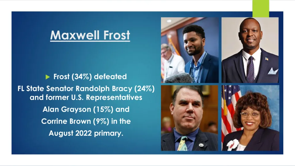 Election biography slide listing primary results: Frost 34%, Randolph Bracy 24%, Alan Grayson 15%, Corrine Brown 9%