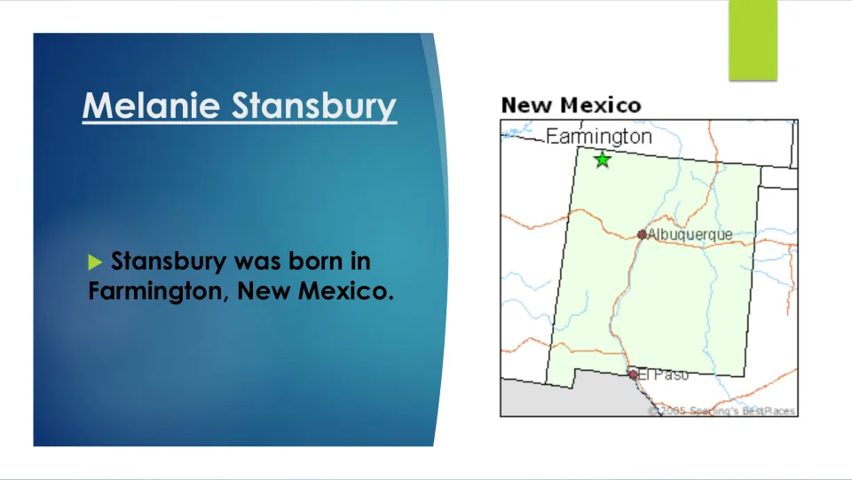 Biography slide naming Farmington, New Mexico, as Melanie Stansbury’s birthplace, with a map marking the city