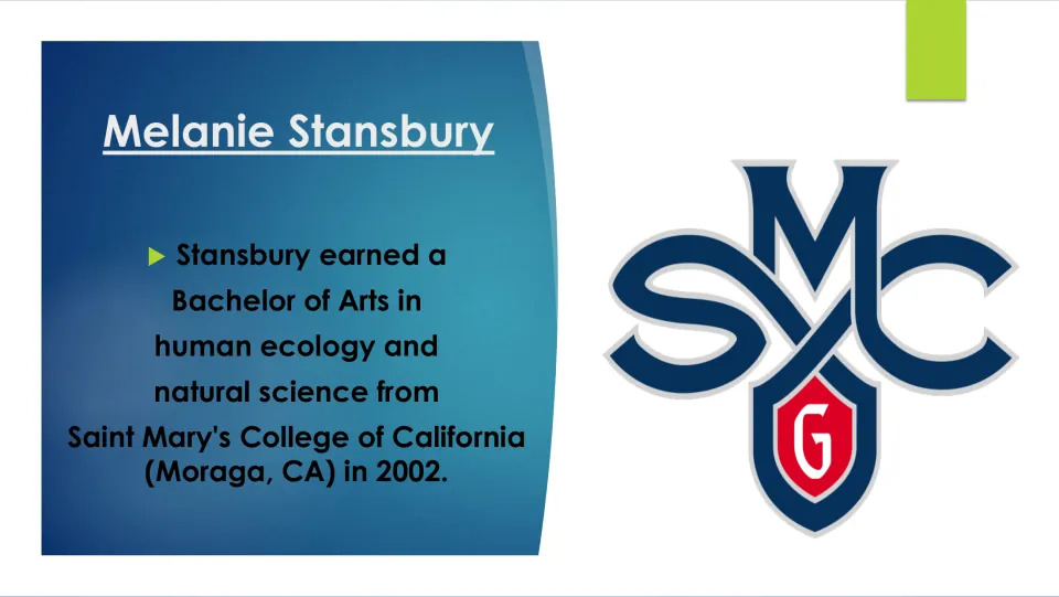 Biography slide on Stansbury’s 2002 BA in human ecology and natural science at Saint Mary’s College of California