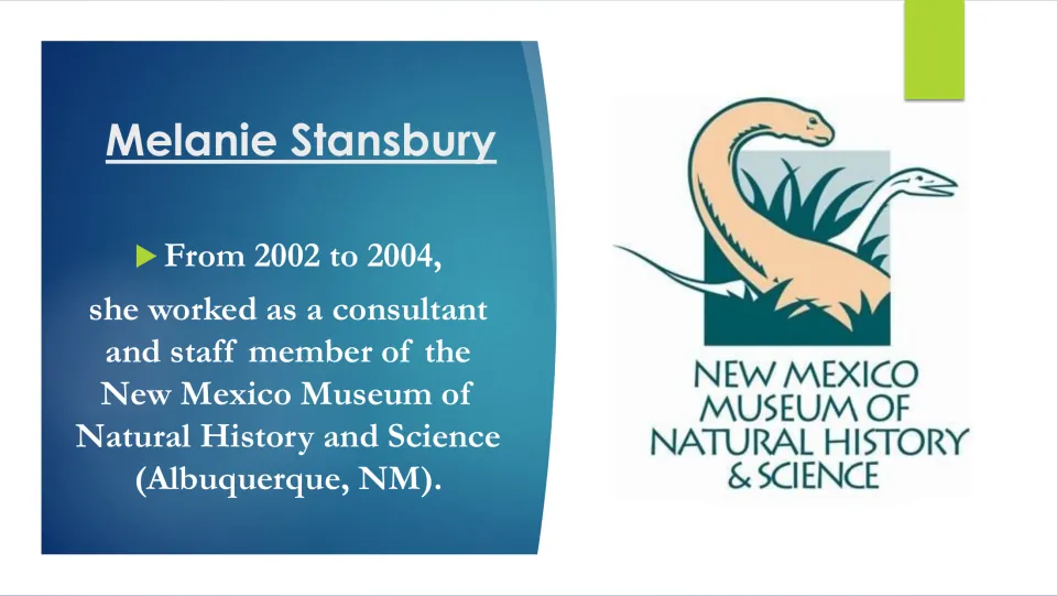 Biography slide on Stansbury’s 2002–2004 work at the New Mexico Museum of Natural History and Science