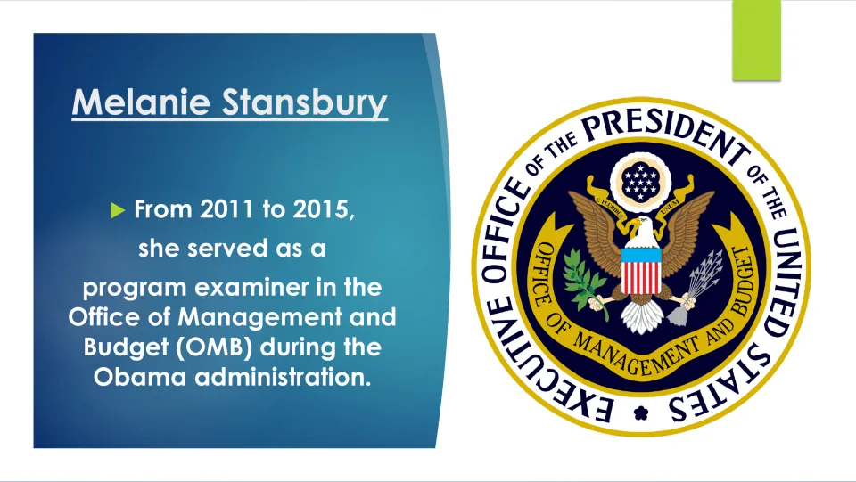Biography slide on Stansbury’s 2011–2015 service as a program examiner in the Office of Management and Budget