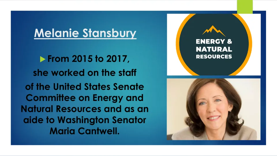 Biography slide on Stansbury’s 2015–2017 Senate Energy and Natural Resources Committee work and Cantwell aide role