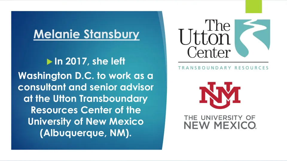 Biography slide on Stansbury’s 2017 move to consulting and senior advising at the University of New Mexico’s Utton Center
