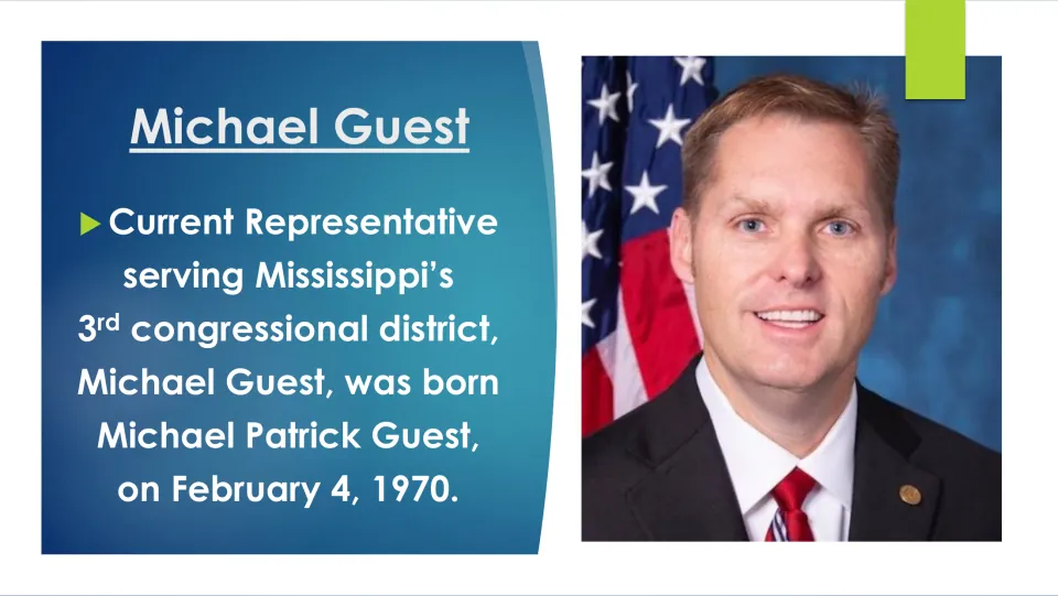 Biography slide identifying Michael Patrick Guest, born February 4, 1970, as Mississippi’s 3rd district representative